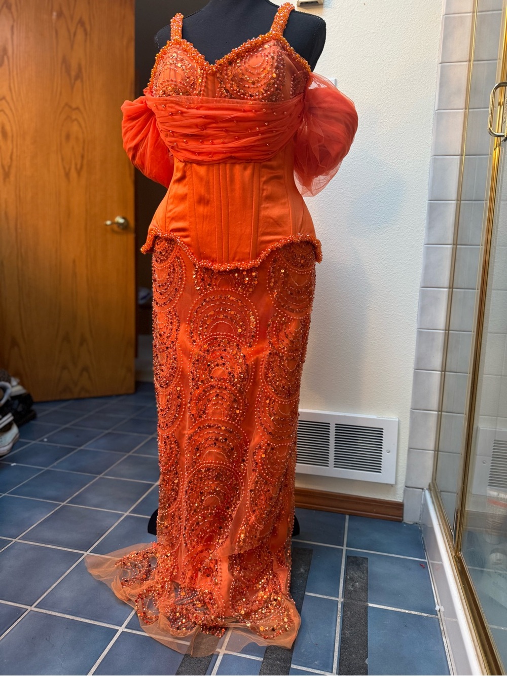 Embellished Orange Beaded Evening Gown